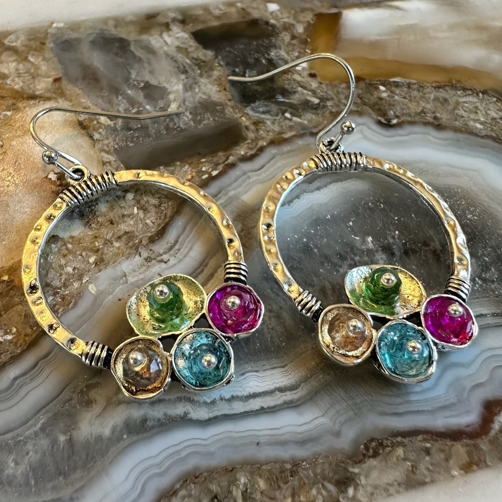 3175 Silver and Multicolor Crystal Gem Hoop Earrings